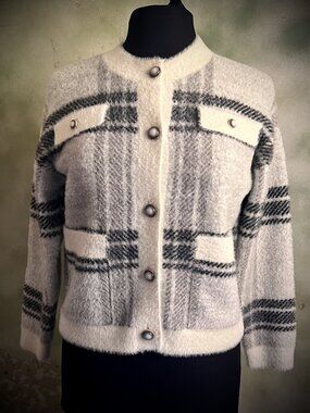 INDUSTRY Fuzzy Plaid Button-Front Jacket | Gray & Ivory | Size S/P